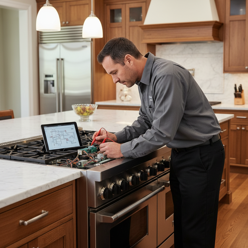 Professional appliance repair technician diagnosing a premium appliance