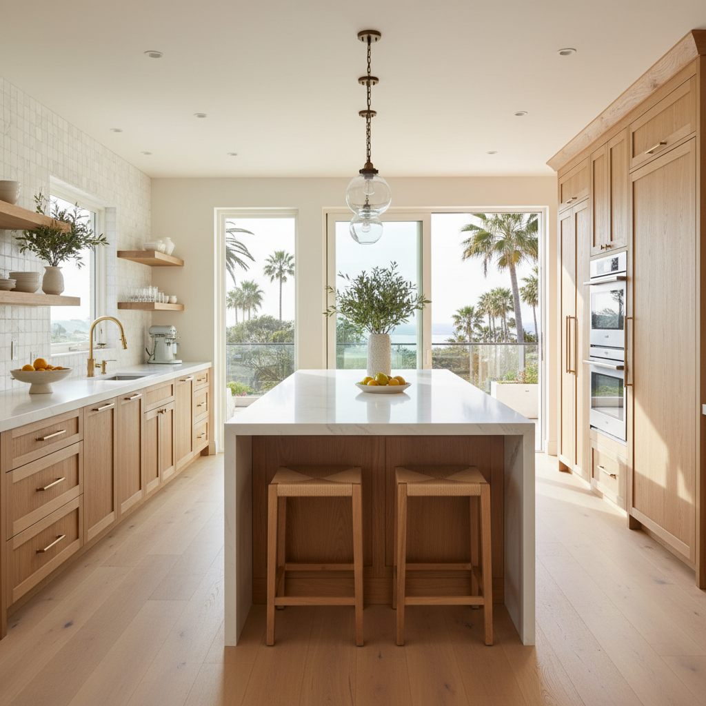 Bright upscale kitchen interior with premium built-in appliances